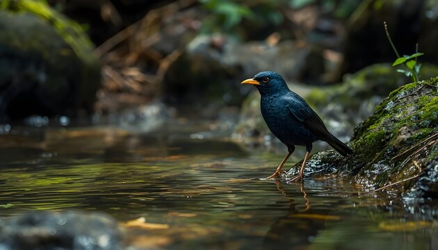 A dark blue Malayan whistling thrush standing on a moss-covered rock beside a clear forest stream. Natural woodland surroundings, flowing water, and soft light create a peaceful tropical wildlife scen