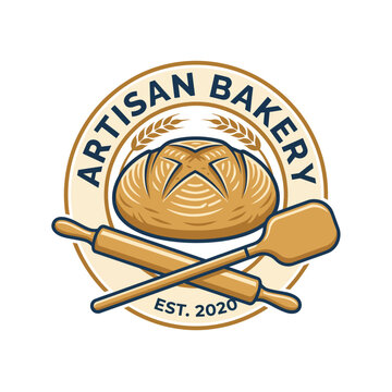 This logo features a beautifully crafted loaf of bread, a rolling pin, and wooden spatula, representing an artisanal bakery established in 2020 for quality baked goods.