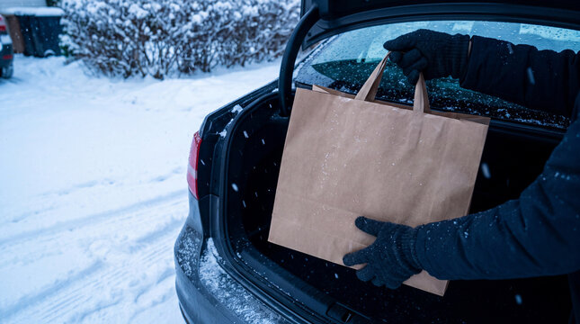 Person placing paper shopping bag into car trunk in winter