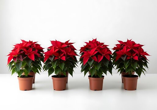 Row of potted red poinsettia plants on a white background, traditional Christmas decor.