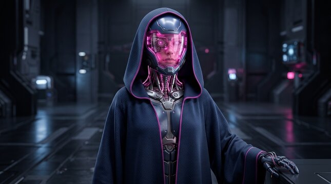 Cyborg figure wearing a dark hooded cloak and glowing magenta visor stands in a futuristic sci-fi corridor.