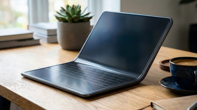 Innovative dual screen laptop device open on wooden desk with modern technology