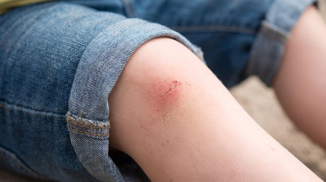 Close up of arm injury showing raw skin and wound outdoors on denim fabric