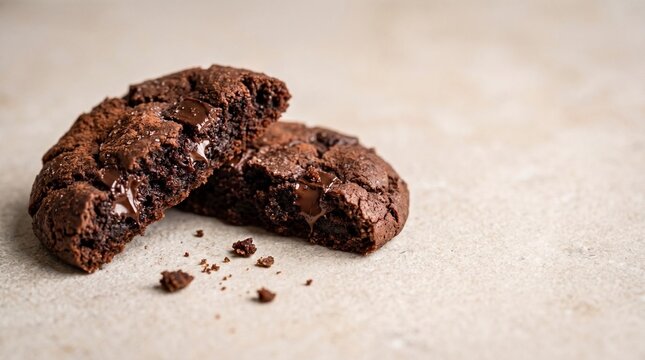 A delicious chocolate chip cookie, broken in half to reveal a gooey, molten center. Crumbs are scattered around the cookie on a textured surface.