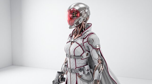 Futuristic female cyborg warrior in white armor stands ready for battle in a sterile white environment.
