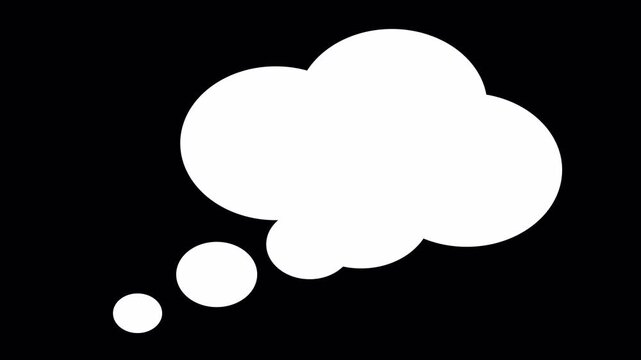 Thought bubble animation on Black background 4K, minimalist comic cloud motion graphic, animated thinking icon, silhouette dream bubble element, creative brainstorming concept visual.