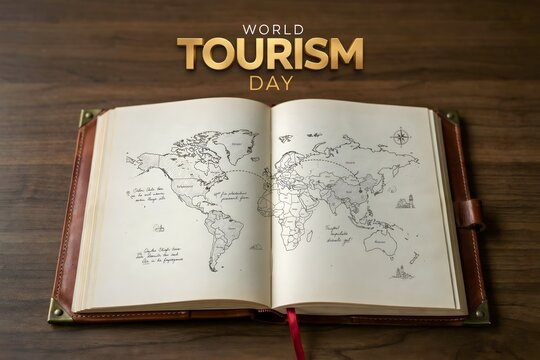 Open book with world map illustration for World Tourism Day concept on wooden background