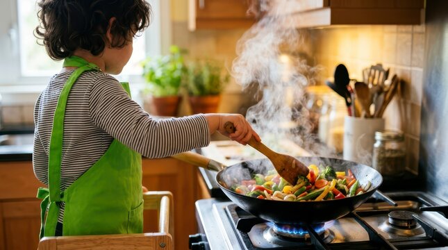 Young Child Cooking Colorful Vegetables in a Cozy Home Kitchen with Steam Rising from the Pan