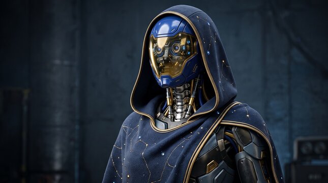A futuristic humanoid robot with a starry hooded cloak stands in a dimly lit industrial setting.