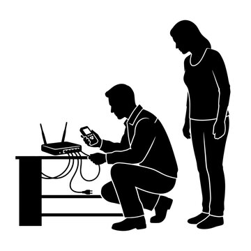 Technician tests a wireless internet router while a client watches the network setup process.