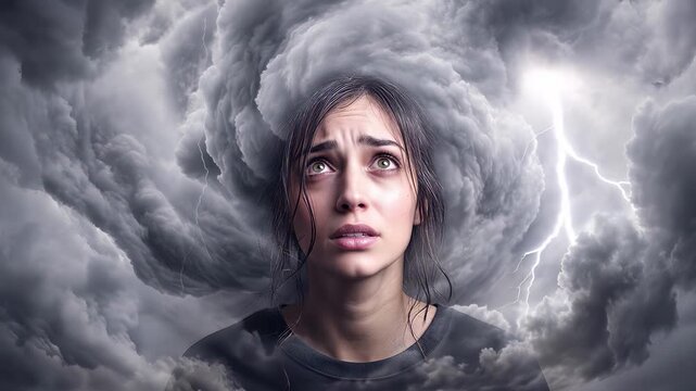 Anxious woman surrounded by swirling storm clouds and lightning. Mental health concept of panic and overwhelm. Panning and tilting camera movement.