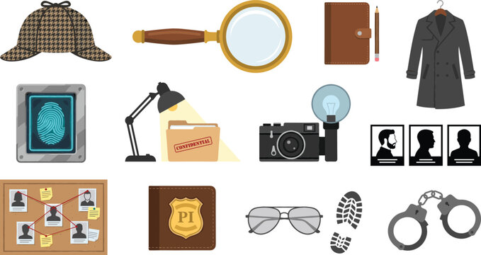 Flat Private Investigator and Detective Icon Set with Deerstalker Hat Magnifying Glass Fingerprint Scanner Evidence Board Folder Camera and Handcuffs