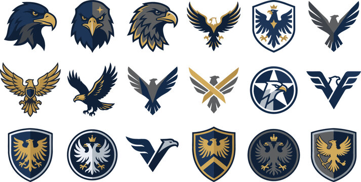 Eagle Hawk and Falcon Mascot Logo Icon Set with Heraldic Shields Flying Birds Imperial Double Headed Eagles and Military Star Crest Designs