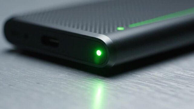 Close up view of a small black portable hard drive with a green power indicator on a gray surface