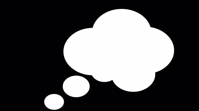 Thought bubble animation on Black background 4K, minimalist comic cloud motion graphic, animated thinking icon, silhouette dream bubble element, creative brainstorming concept visual.