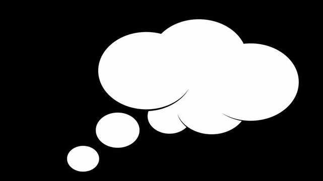 Thought bubble animation on Black background 4K, minimalist comic cloud motion graphic, animated thinking icon, silhouette dream bubble element, creative brainstorming concept visual.