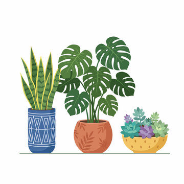 The image showcases a variety of potted indoor plants in stylish containers, highlighting the beauty and diversity of foliage that enhances home decor and ambiance.