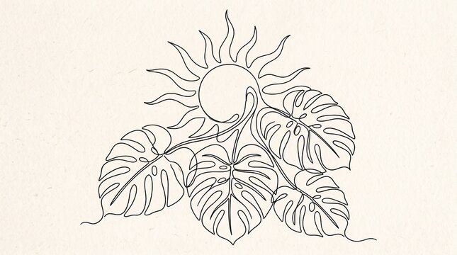 Minimalist continuous line art of monstera leaves and sun