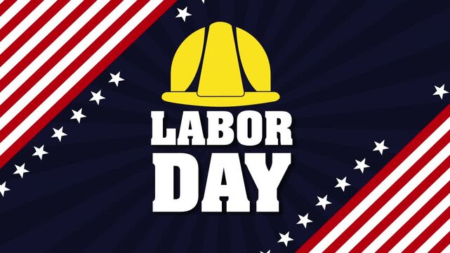 Labor Day background with American flag elements and hard hat, celebratory motion graphics.