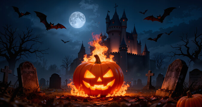 Halloween night scene background with castle with halloween pumpkin within flames in the graveyard and bats in the night, AI Generation
