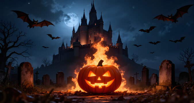Halloween night scene background with castle with halloween pumpkin within flames in the graveyard and bats in the night, AI Generation
