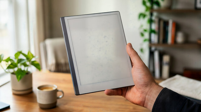 Person holding a blank white electronic e-reader tablet in a bright room