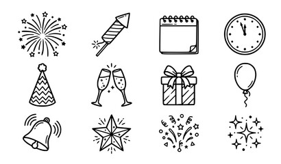 Fototapeta premium Celebration Icons Set with Fireworks, Gifts, and Party Elements. Festive Design Illustration