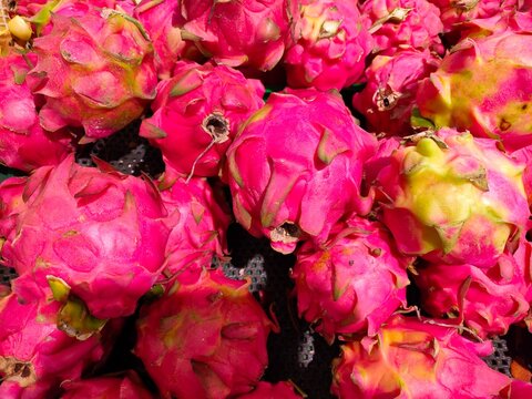 A top-down close-up view of bright red dragon fruits packed together, showcasing their vibrant color and green-tipped scales.