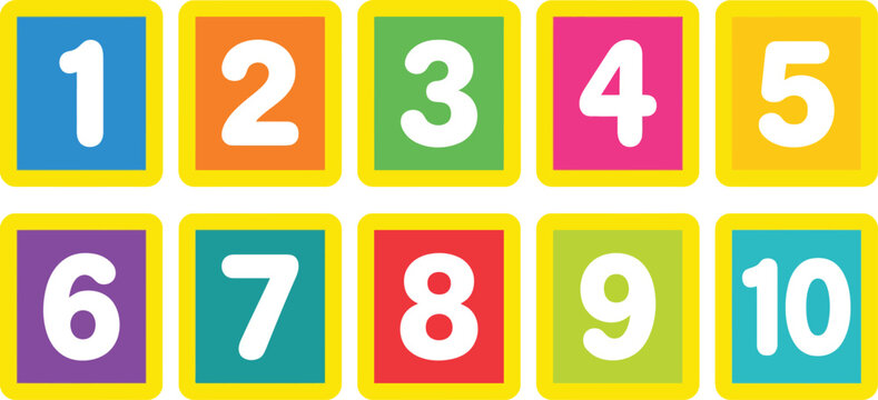 A colorful grid of ten numbered blocks, featuring numbers 1 through 10 in vibrant squares, perfect for early childhood education and learning.