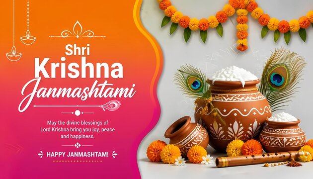 Happy Janmashtami festival banner template design with dahi handi and peacock feather.