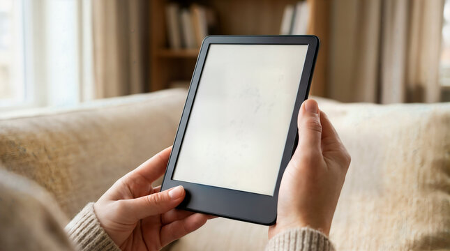 Person reading an electronic reader device sitting on a sofa in a bright room