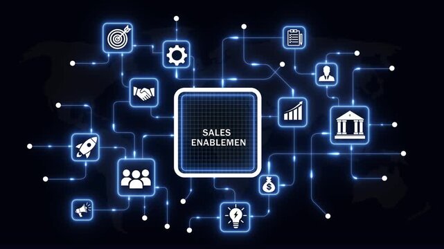 Dynamic sales enablement digital network concept featuring glowing neon and interconnected business strategy nodes for corporate marketing, revenue growth, and modern financial technology