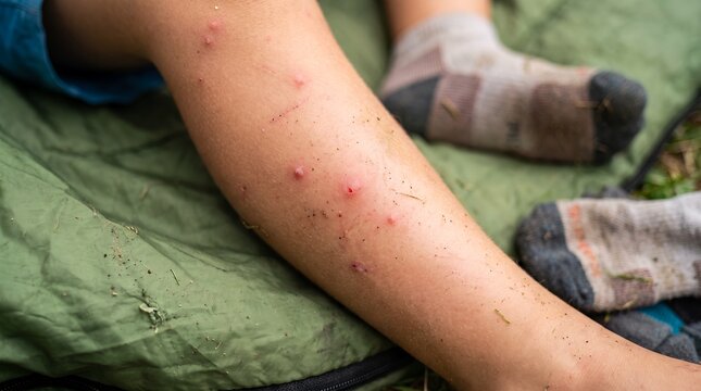 Close up of skin rash and bumps on arm and leg outdoors in natural light