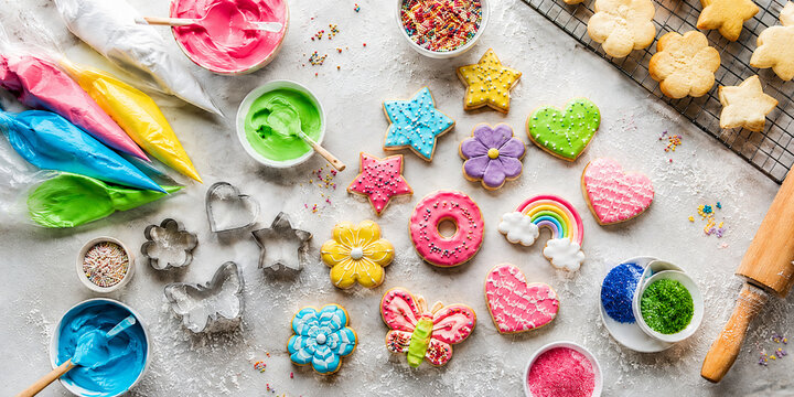 Colorful Decorated Sugar Cookies with Icing, Sprinkles and Baking Tools on White Table