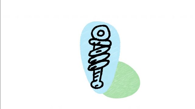 An animated hand-drawn vehicle shock absorber coil spring strut assembly. Ideal for auto suspension repairs, dampening system replacements, and mechanic shop services. 