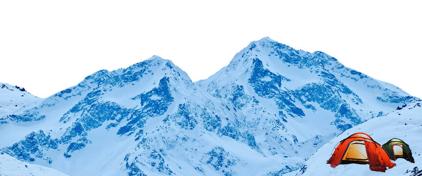 Snowy mountain peaks with two camping tents basecamp isolated on transparent background