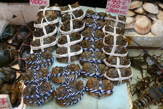 Hong Kong Causeway Bay street market fish shop. Crabs tied with a string.