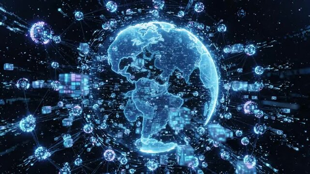 Decentralized Global Blockchain Network Nodes and Encrypted Financial Data Flow