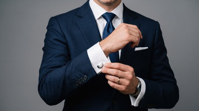 Close up detail of a professional businessman adjusting his silver cufflinks on a white shirt sleeve while wearing a navy blue suit, symbolizing elegance, preparation