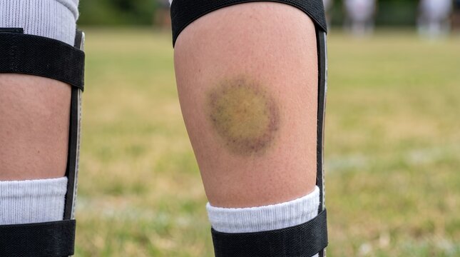 Close up shot of leg skin mark and athletic wear showing discoloration outdoor setting
