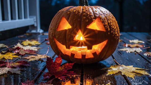 Spooky carved pumpkin with a candle burning on wet wooden deck surrounded by fallen autumn leaves
