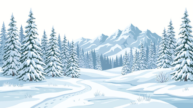 Frozen Winter Pine Forest Covered with Heavy Snow and Frosty Branches Against Snowy Mountain Peaks, Cold Weather Vector Landscape Illustration