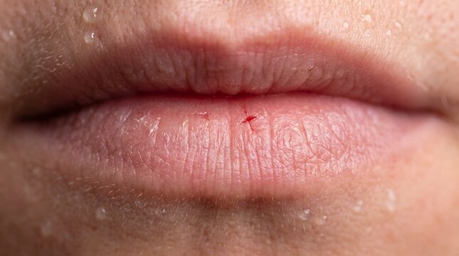 Close up shot of lips skin texture and a small red mark on the lower lip detail