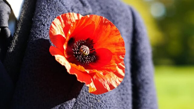 Close-up of a bright red poppy flower pinned on a navy blue jacket worn during remembrance day