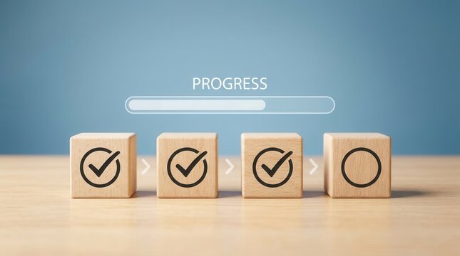 Task completion concept featuring wooden cubes with checkmarks and a progress bar.