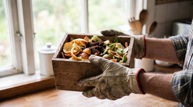Person holding a wooden box filled with organic kitchen scraps for composting near a window