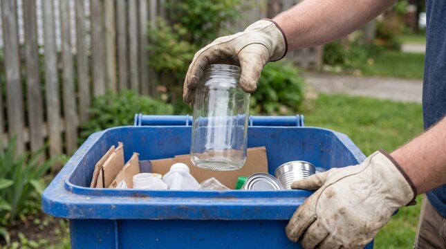 Person wearing gloves places glass jar into blue recycling bin filled with cardboard and cans