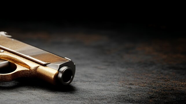 A gold-plated handgun rests on a dark, textured surface, the metallic gleam contrasting sharply with the subdued background