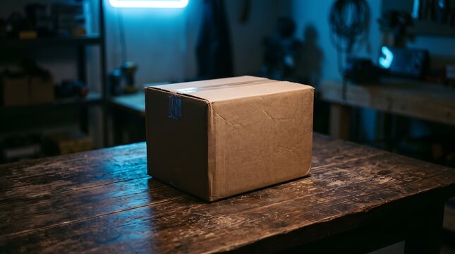 Cardboard parcel box resting on a rustic wooden table in a dimly lit workshop with parcel delivery shipping package workshop interior