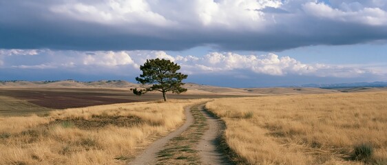 Naklejka premium The Lone Tree on a Golden Grassland Path Under Dramatic Clouds